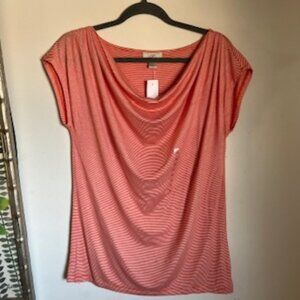 🧡3/15 NWT LOFT Orange White Striped Cowl-Neck Cap Sleeve T-Shirt Women's M